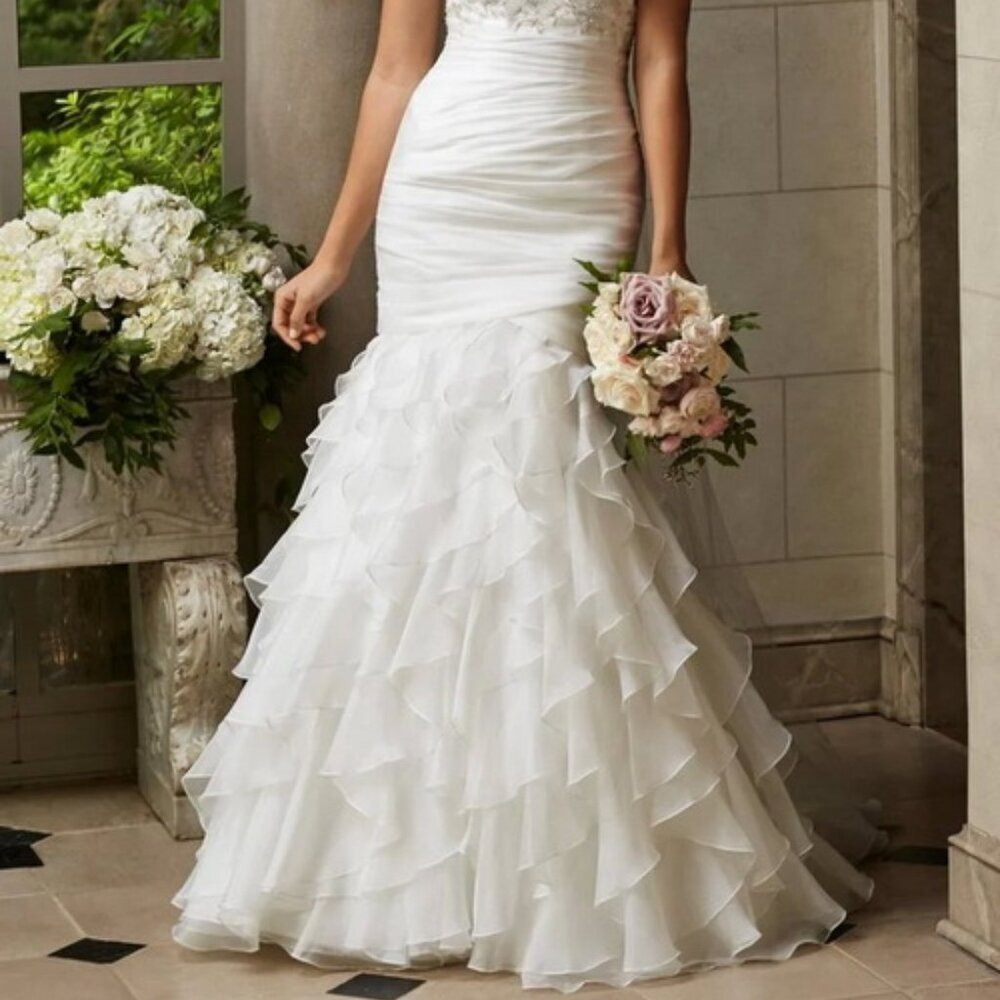 WTOO Ivory Embellished Strapless Organza Ruffle Wedding Gown - Picture 2 of 5